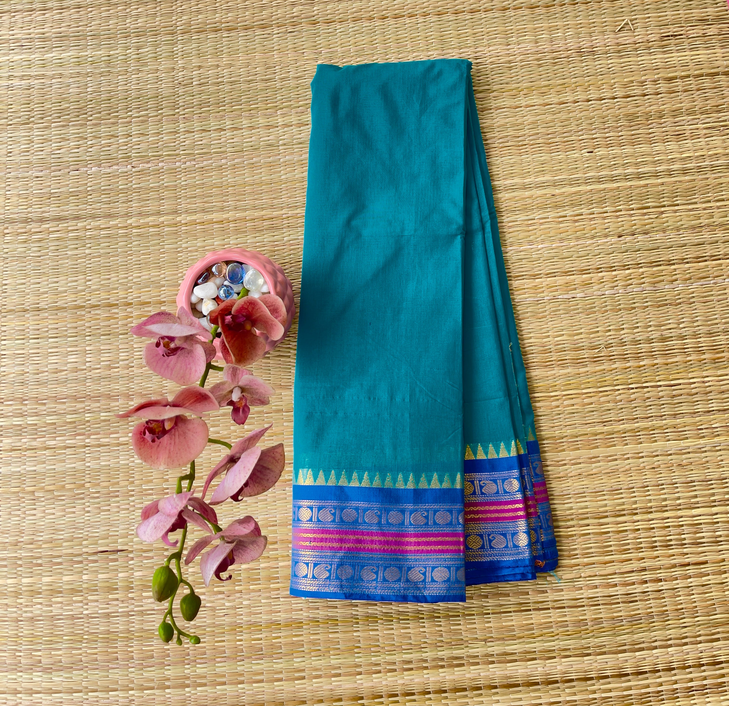 Teal Blue Handloom Cotton Saree with Contrast Border