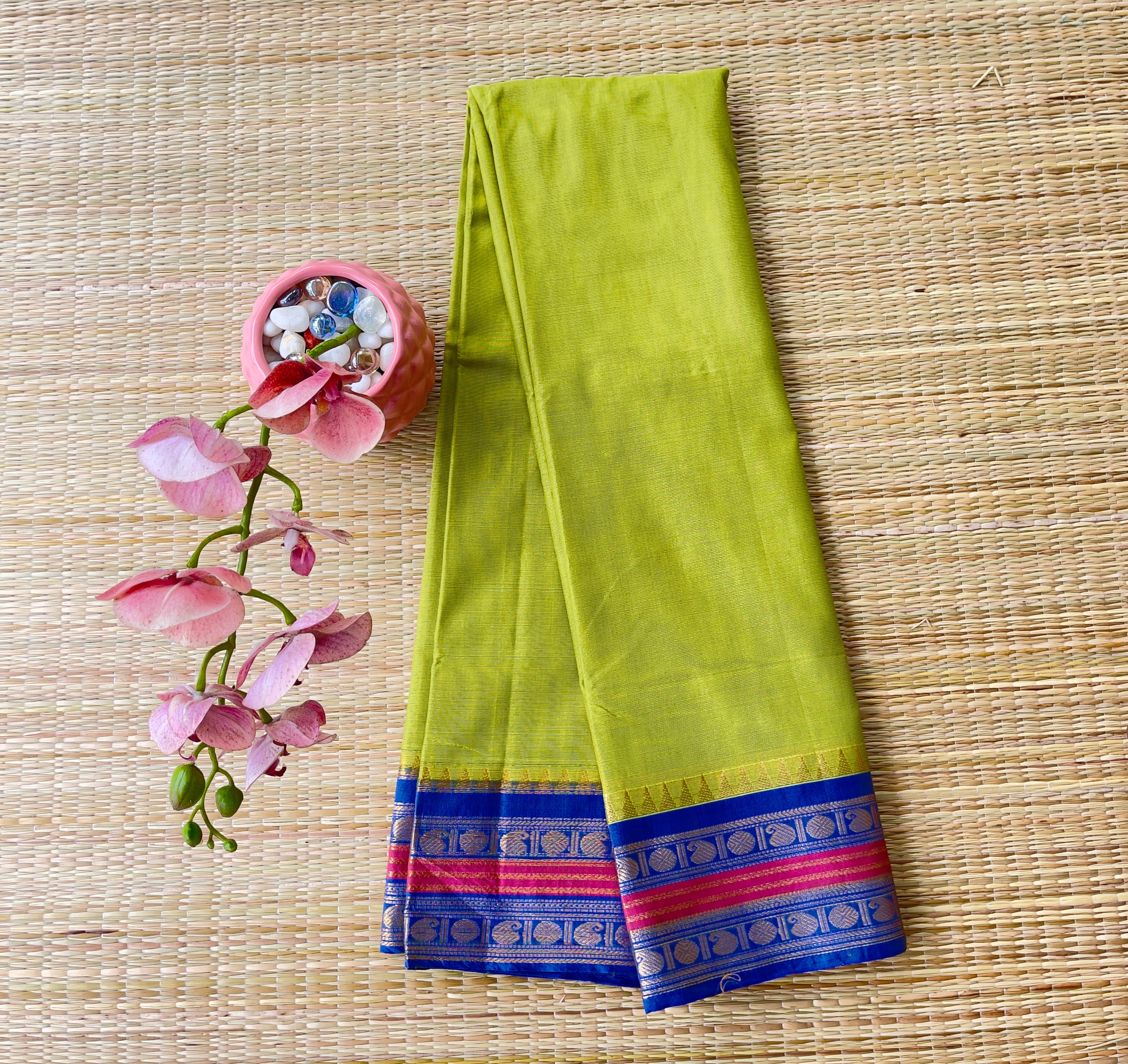Parrot Green Handloom Cotton Saree with Royal Blue Border