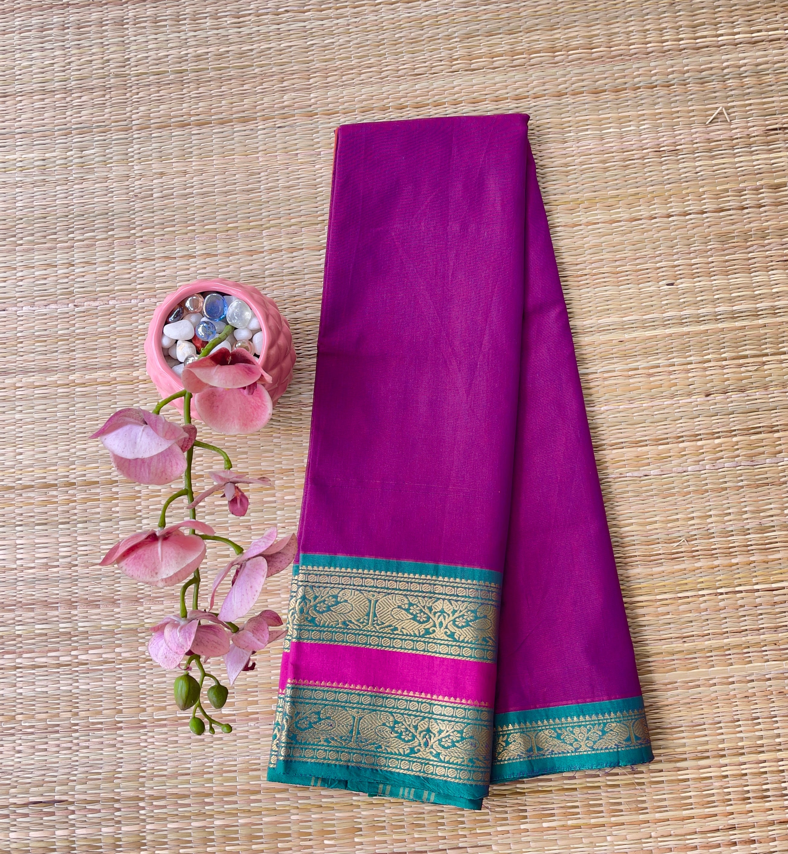 Magenta Purple Handloom Cotton Saree with Teal Green Border