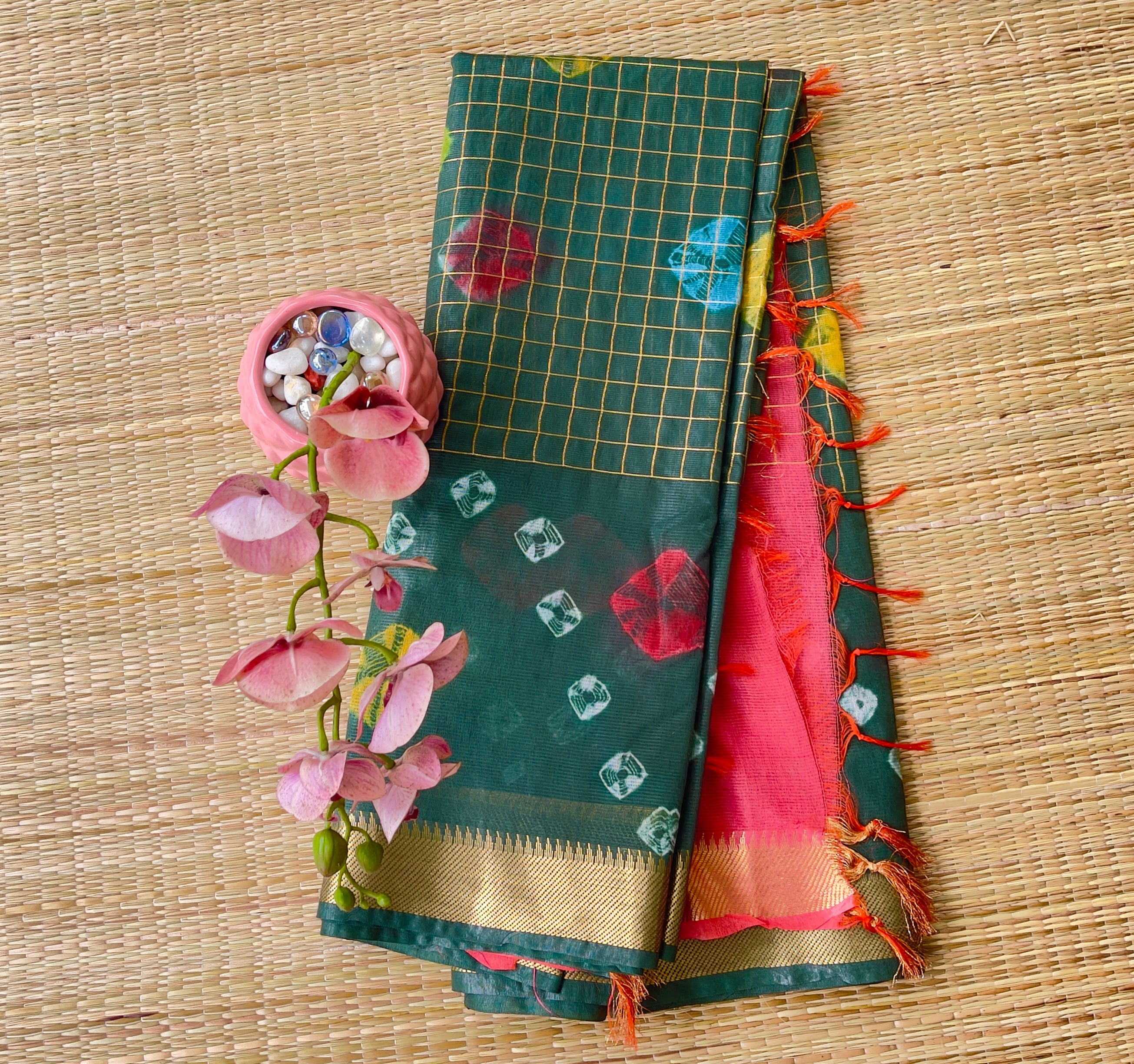 Bottle Green Soft Tussar Saree with Gold Checks & Bandhani