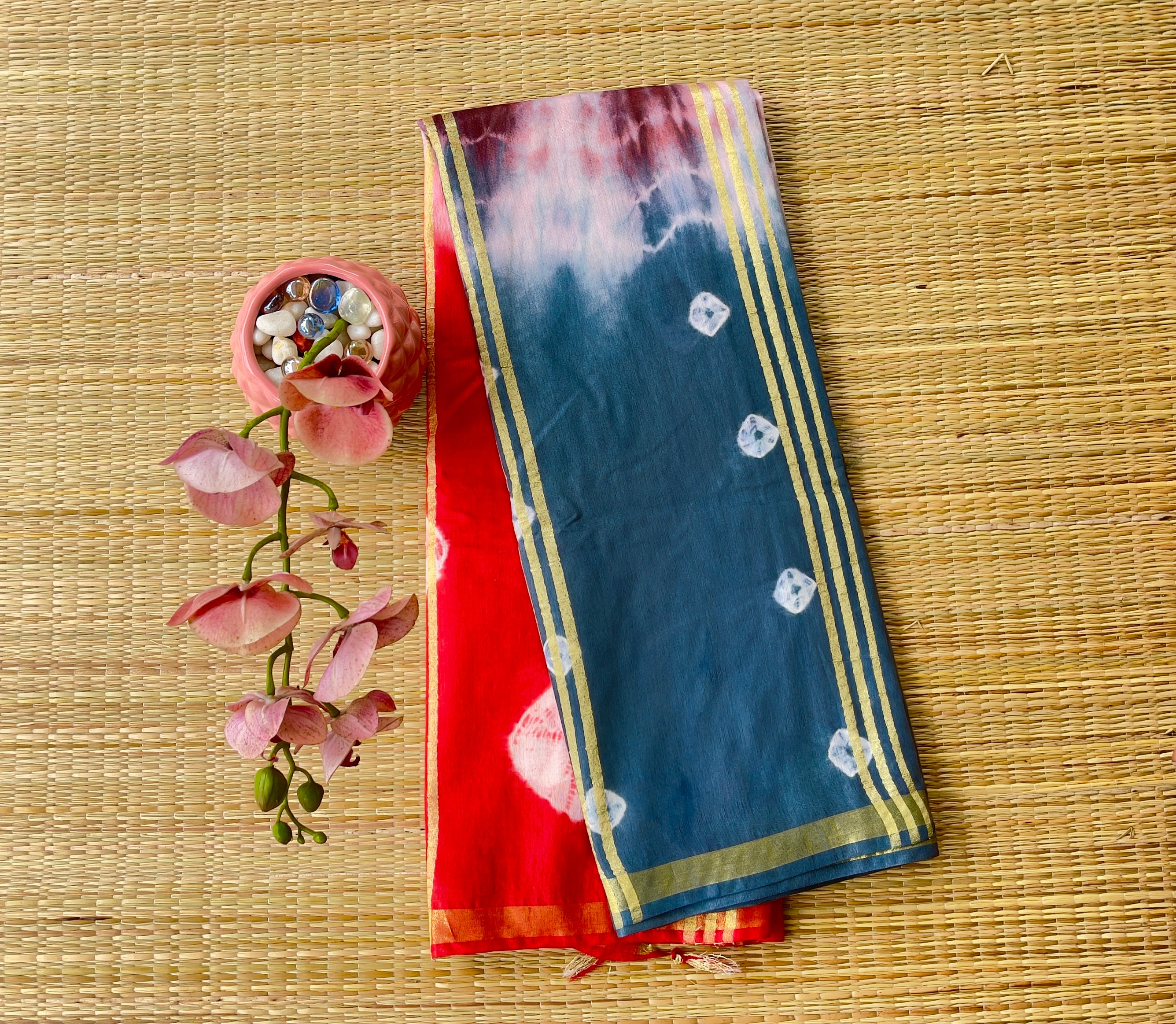 Red & Slate Blue Dual Shade Tie-Dye Soft Tussar Saree