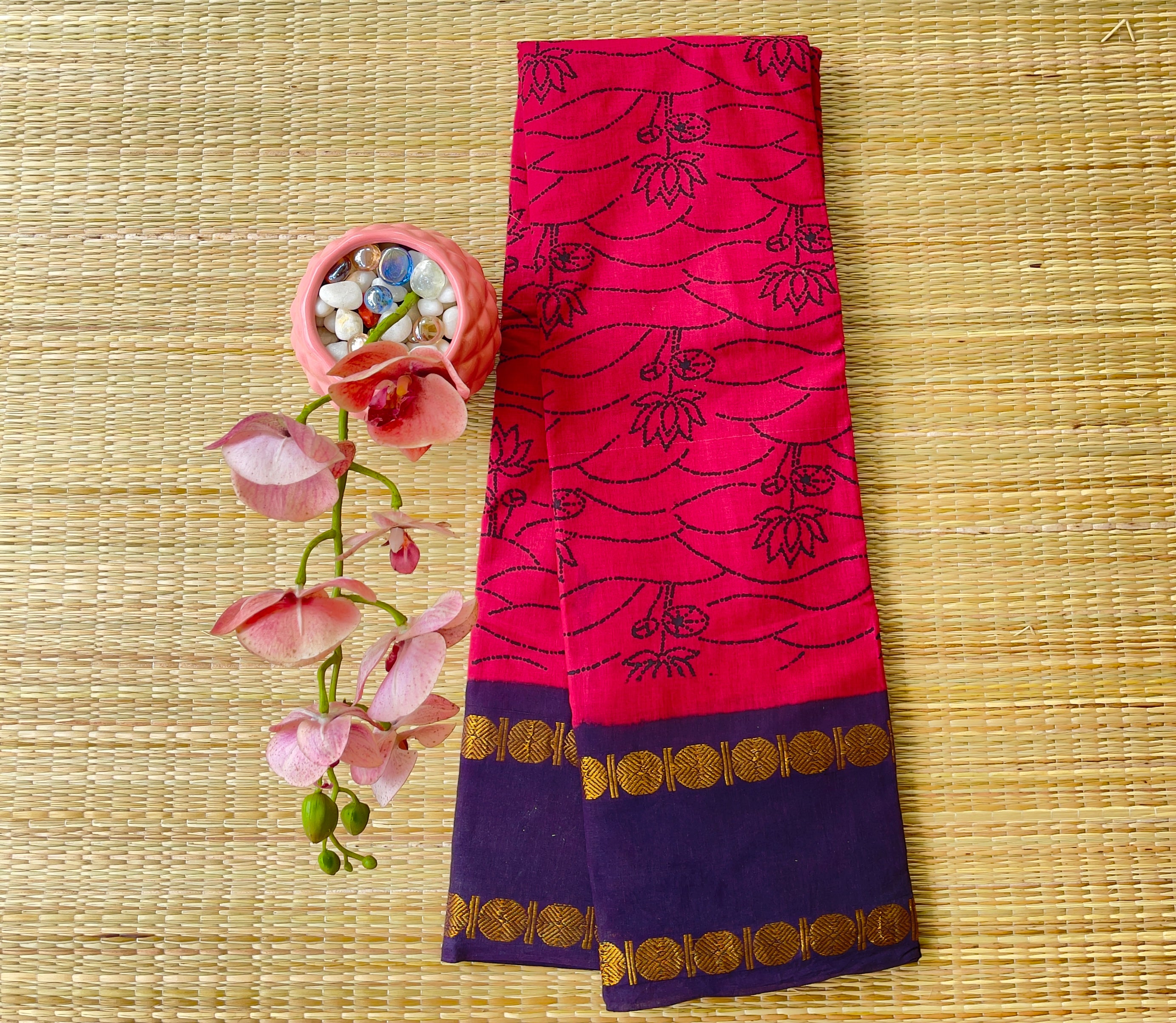 Wine Red Adyar Print Chungidi Cotton Saree with Deep Navy Blue border