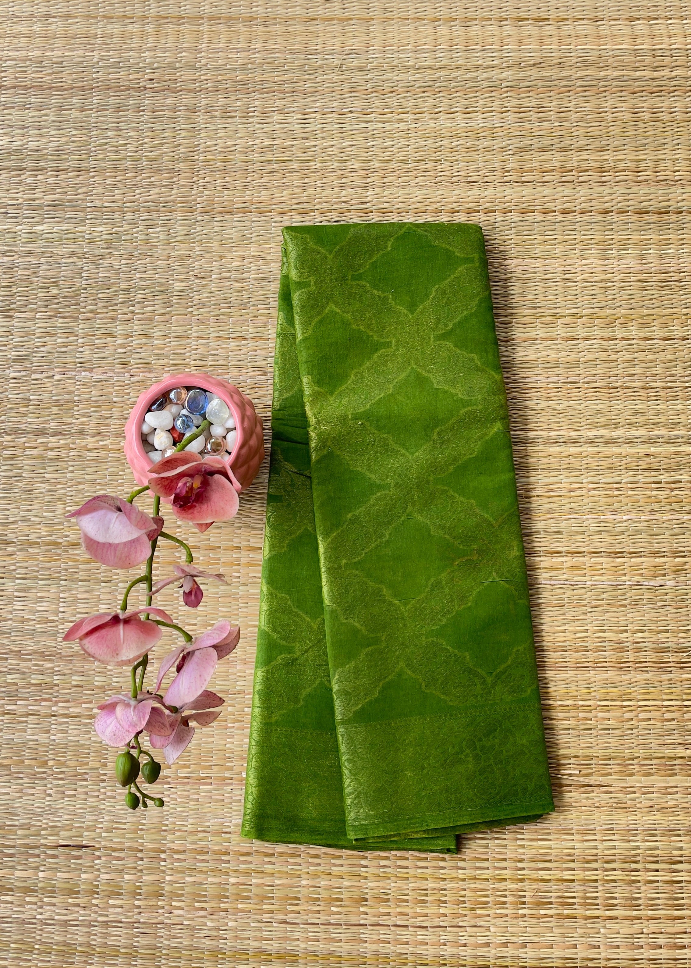 Parrot Green Self-Brocade Cotton Saree