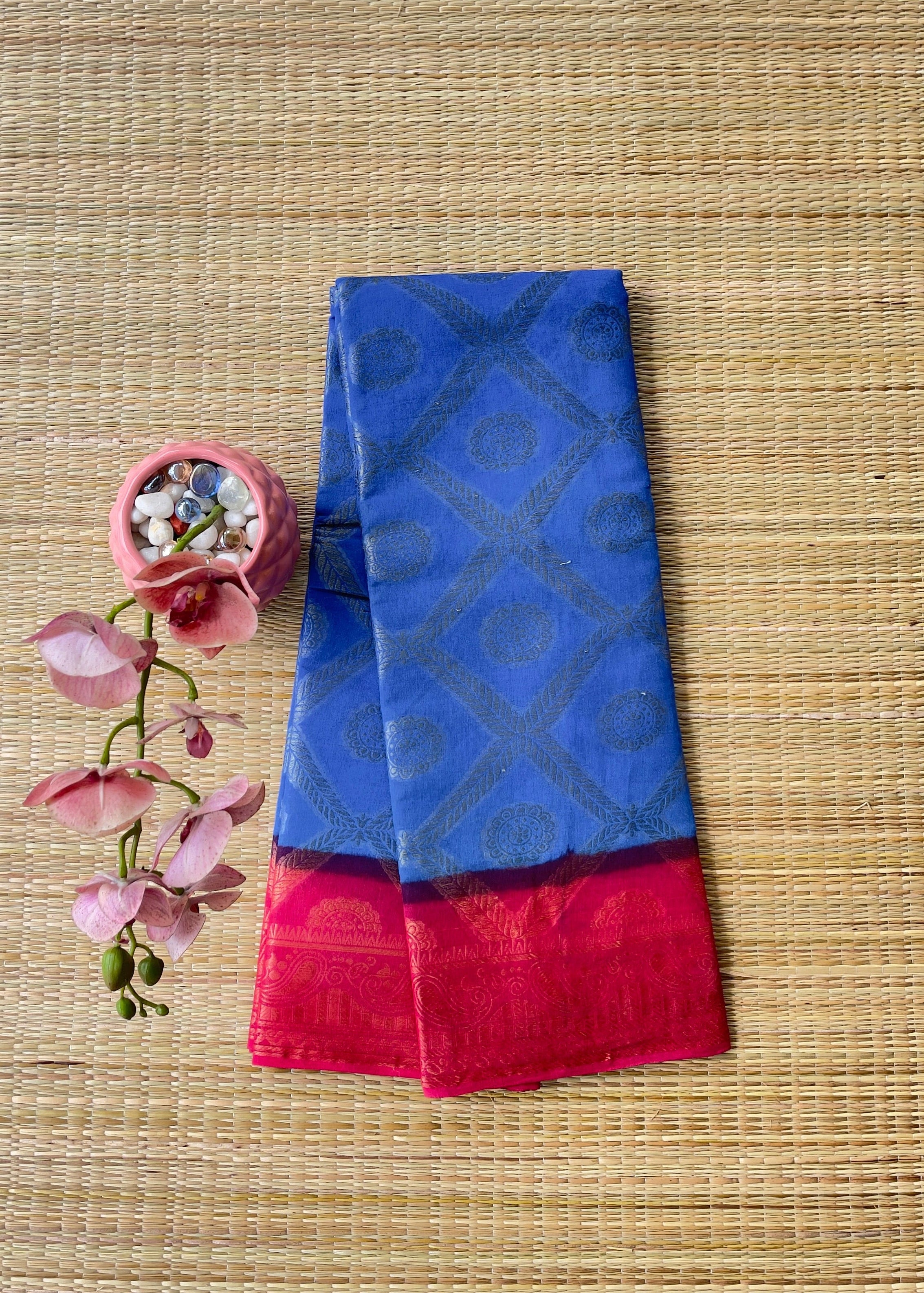 Royal Blue Self-Brocade Cotton Saree with Contrast Pink Border